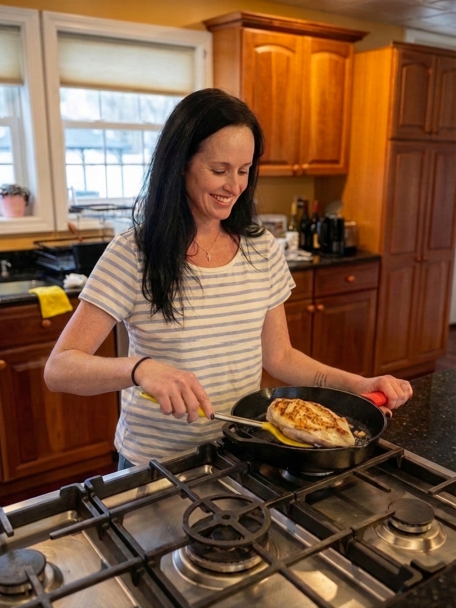 Julie cooking at a home stovetop, warm natural light, candid